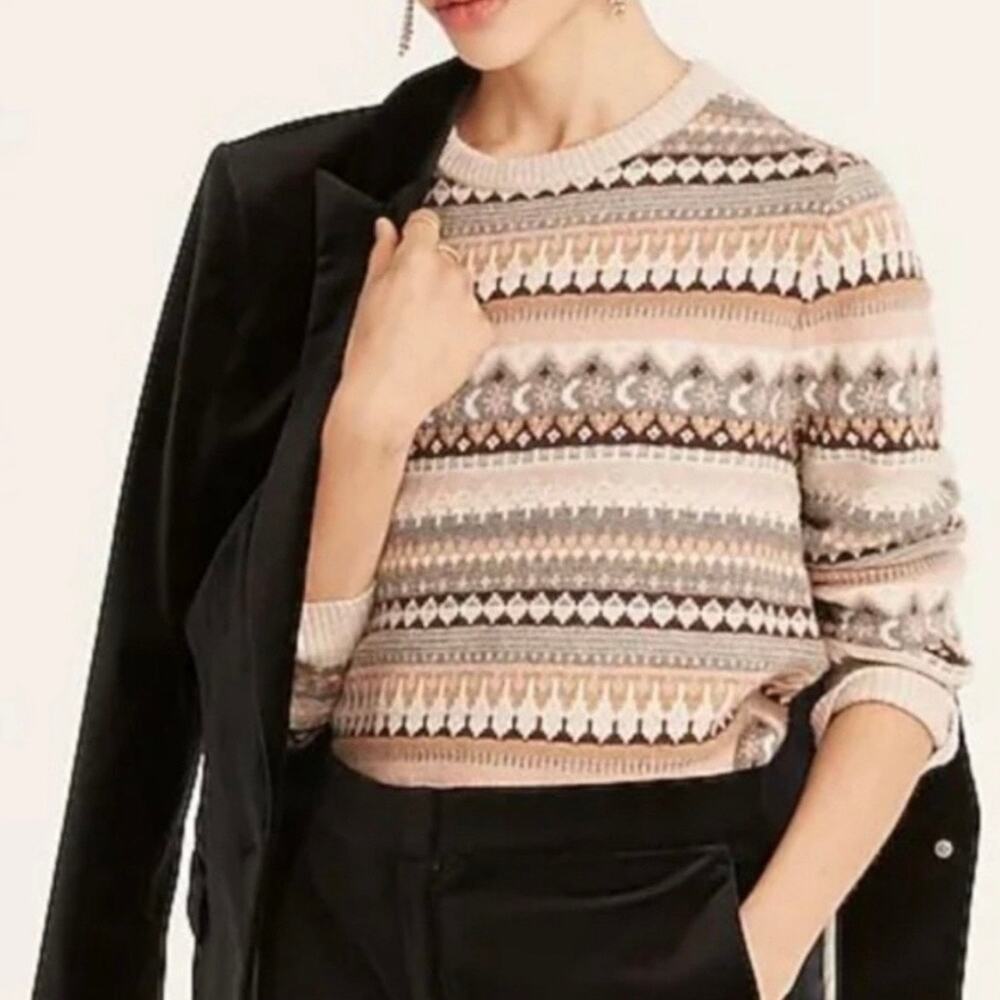 J CREW Fair Isle Cropped Crewneck Sweater Womens XS Cream Gray Brown Wool Blend - Picture 2 of 14